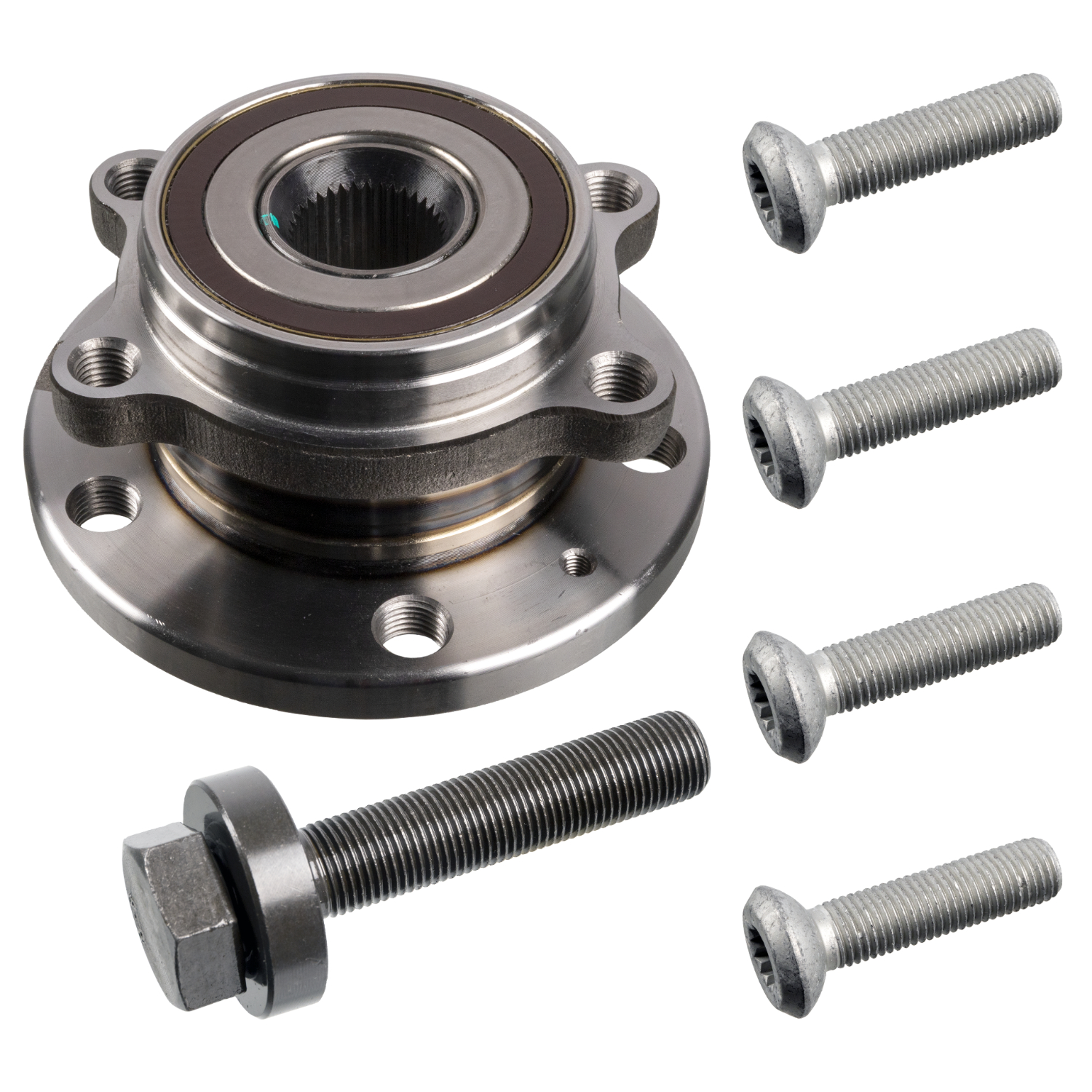 FEBI | Wheel Bearing Kit with wheel hub, ABS sensor ring and fastening bolts 27317 | OE 5K0 498 621 | Fits Audi, Audi-FAW