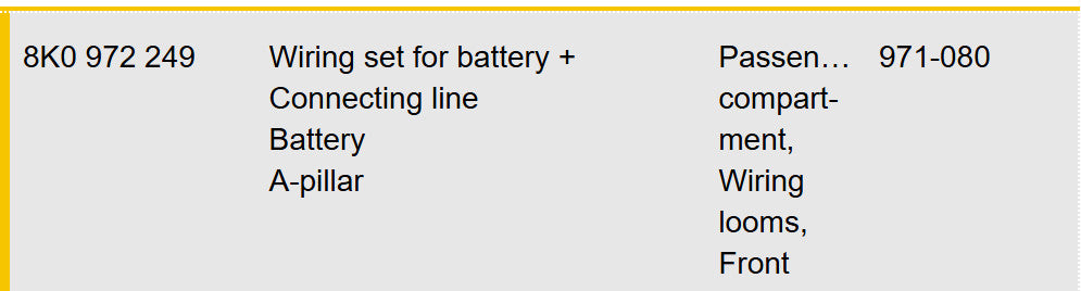 2010–2012 AUDI A4 BATTERY WIRING SET CONNECTING LINE A-PILLAR USED OEM 8K0972249