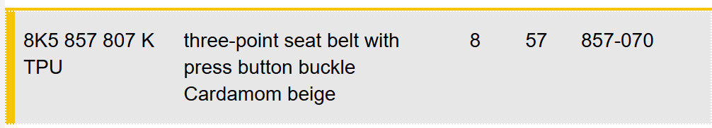 2010–2012 AUDI A4 CENTRAL REAR SEAT BELT USED OEM 8K5857807K