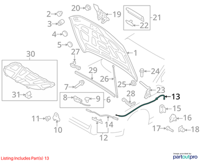 2012 Audi A4 Hood Release Cable Used OEM 8T1823535