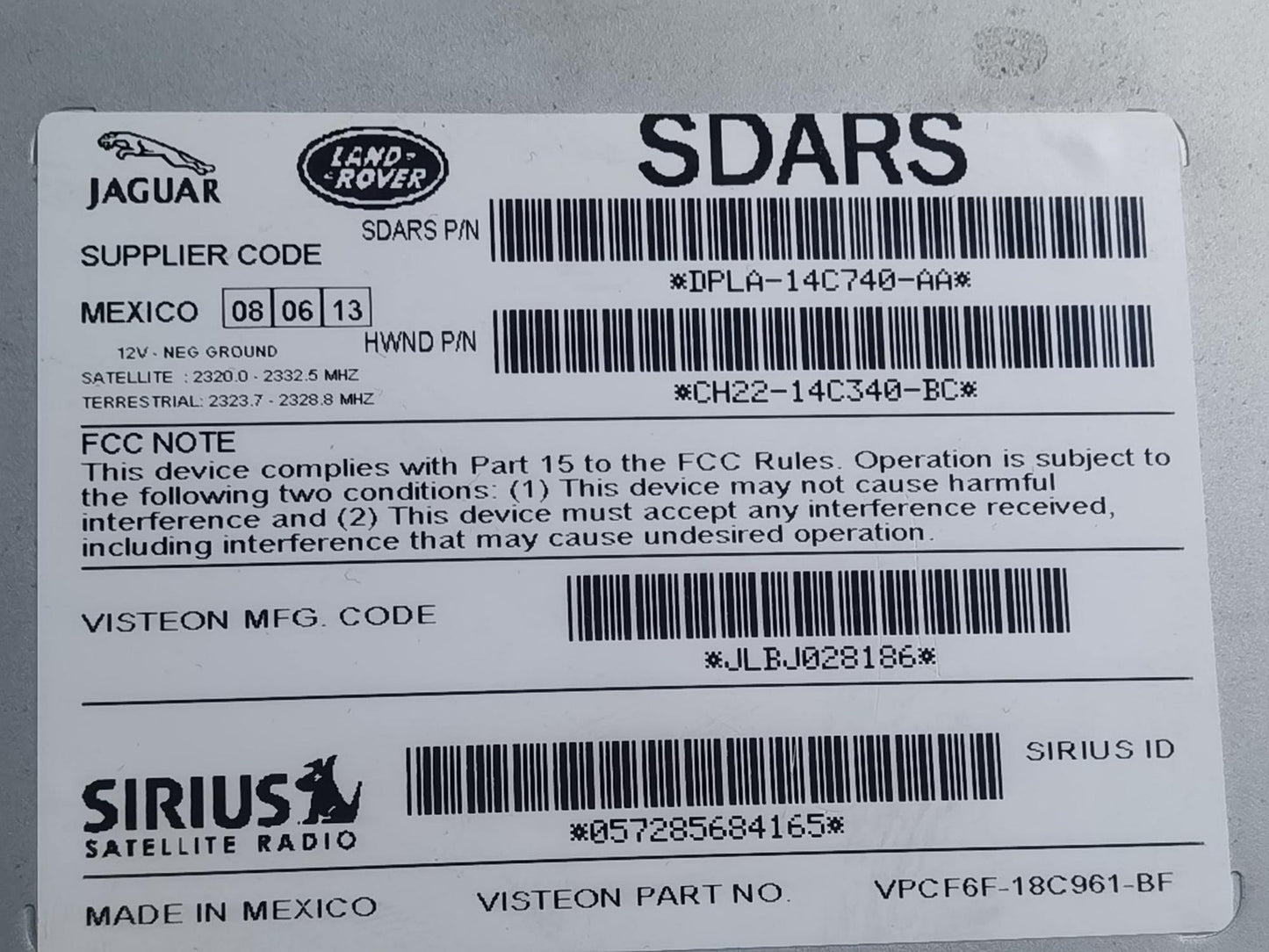 2013-2017 Land Rover Evoque Sirius Satellite Radio Receiver DPLA14C740AA