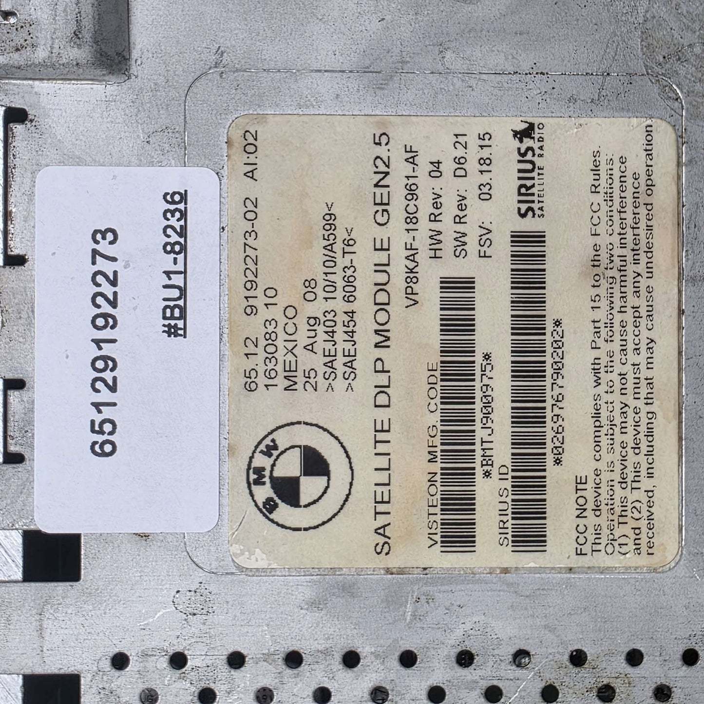2006-2010 BMW 328i Sirius Satellite Radio Module 65129192273